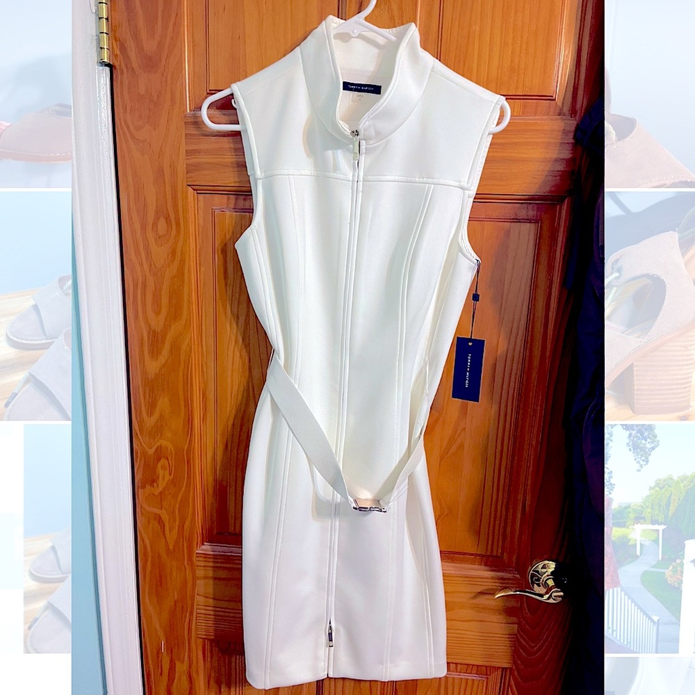 Brand new, never worn with tags !! Tommy Hilfiger White Scuba Dress Gold Buckle